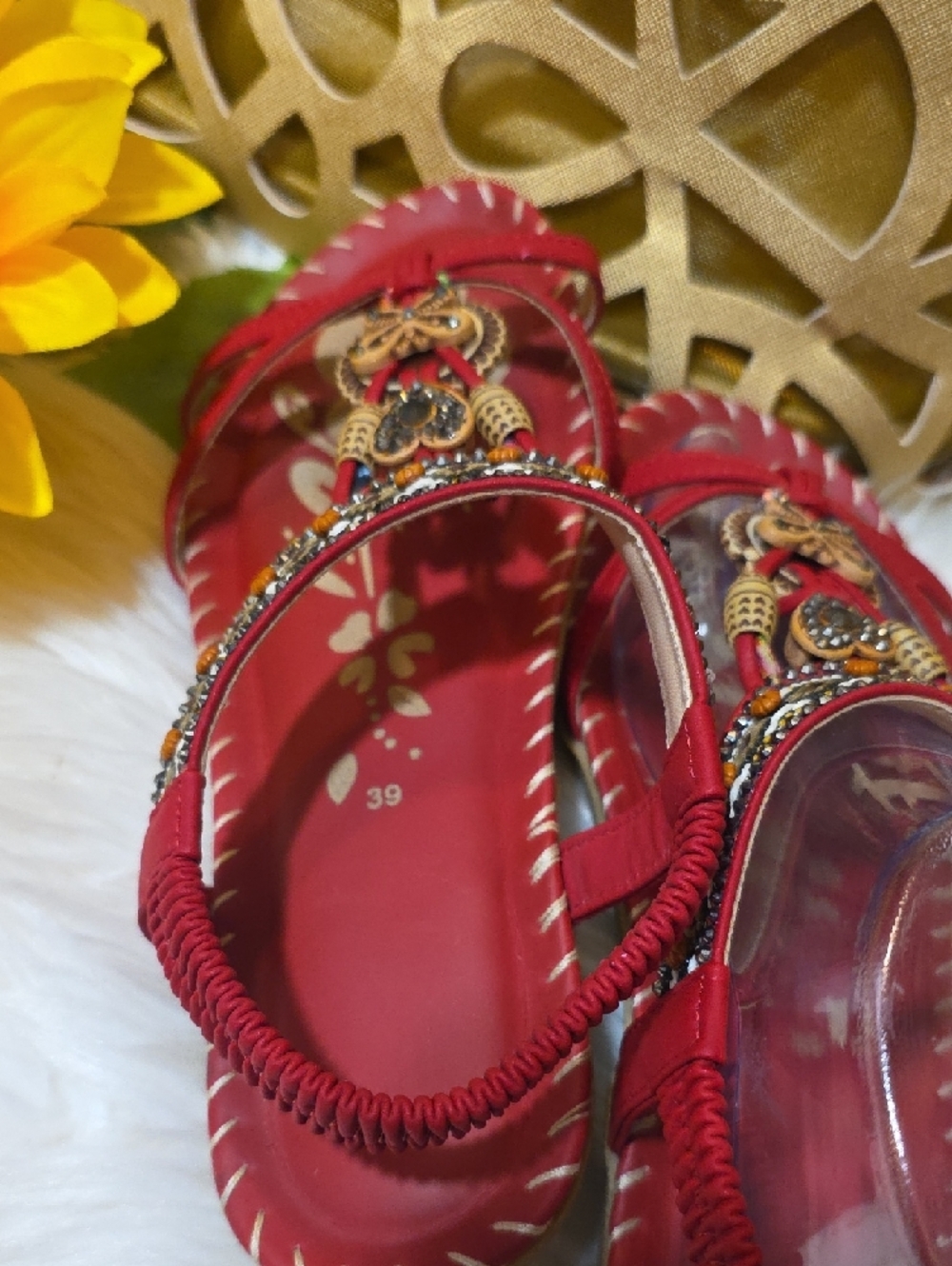 Women's Red Embellished T-Strap Sandals with Wooden Accents - Picture 8 of 8